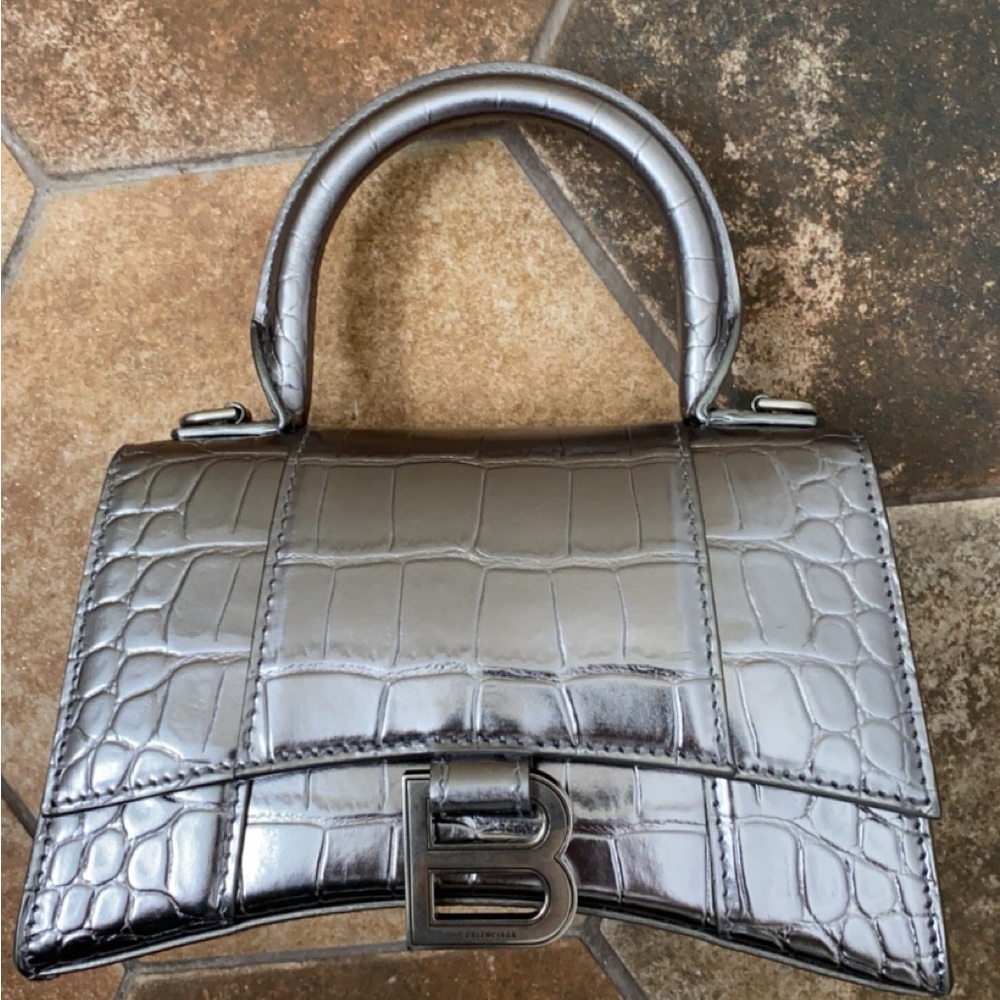 Balenciaga Hourglass XS Shoulder Bag Crocodile Embossed in Dark Silver Tone